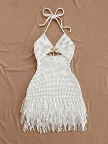 Vestido mini de mujer  con tirantes finos, escote en V, calado, estrella de mar de metal tejida, flecos, para vacaciones, playa, cita, boda, fiesta, crucero, estilo bohemio, festival de música, hippie, western - Beis - Ver 3