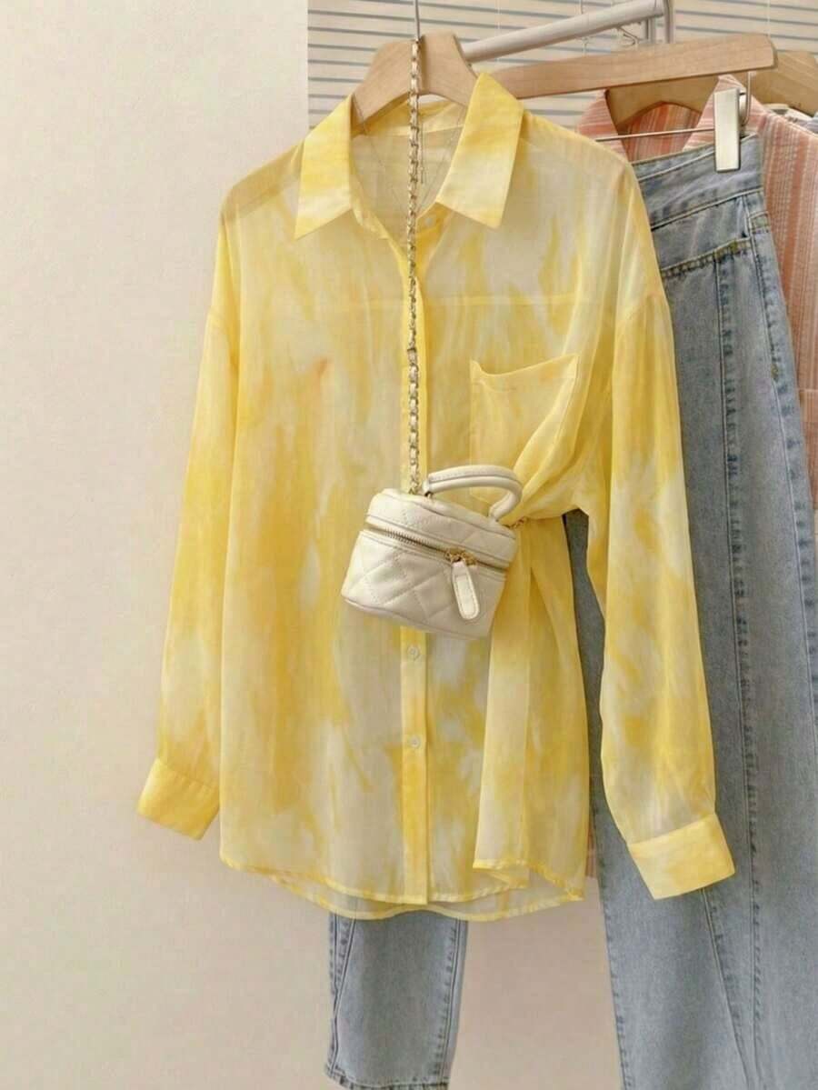 Camisa de protección solar con efecto tie-dye dulce para mujer, de cuello de solapa y manga larga, informal para exteriores/vacaciones, holgada, transpirable y ligera, estilo camisa, color rosa, para primavera/verano - Amarillo - Ver 1
