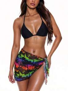 Conjunto de 3 piezas de traje de baño de bikini de unicolor y estilo sexy de halter para mujeres, conjunto de traje de baño, para vacaciones de verano en la playa - Negro - Ver 3
