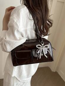 Lalippa 1pc Minimalist Retro Zipper Decor Dual Handle Women Daily Casual Commute Handbag - Coffee - View 7
