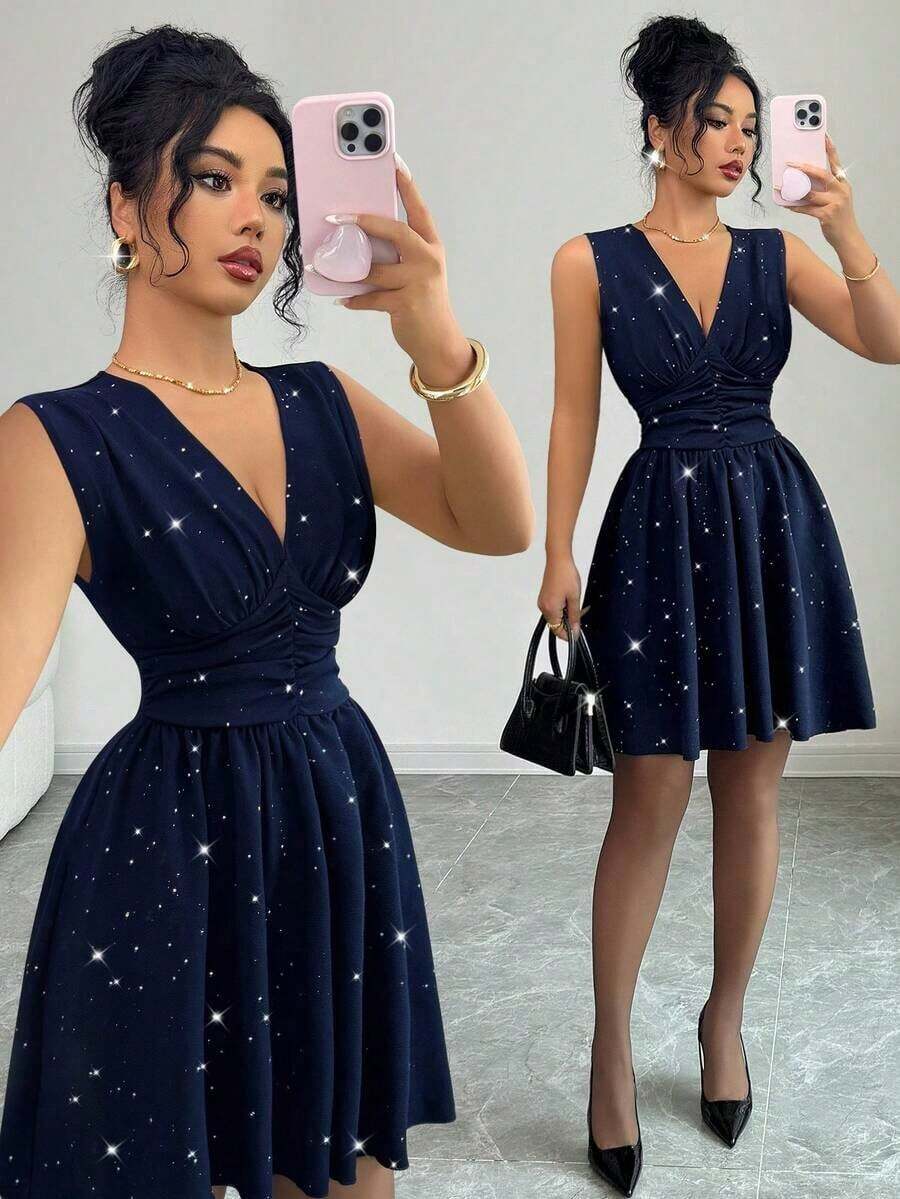 Nuevo vestido casual de línea A con cuello en V, textura metálica en la parte delantera, pliegues en la cintura, sin mangas, adecuado para vacaciones, uso diario, joven y elegante, estilo corto, otoño/invierno - azul real - Ver 1