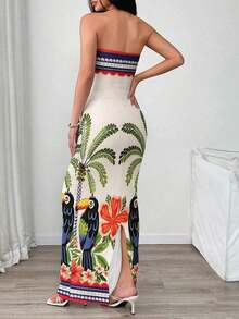 Vestido elegante con estampado floral sin tirantes y ajustado, adecuado para vacaciones - Multicolor - Ver 2