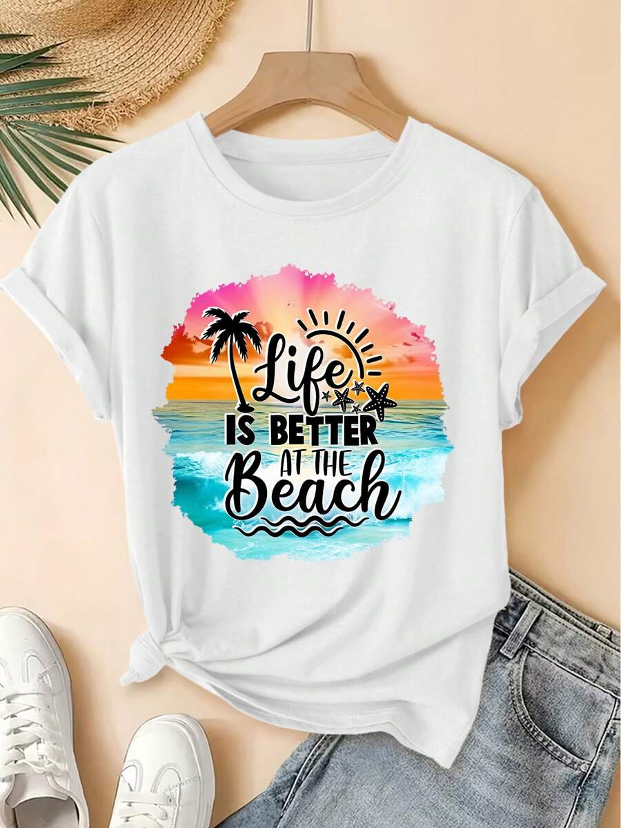 A Vintage Crew Neck T-Shirt With A Gradient Beach Print Featuring Coconut Trees And Starfish, Showcasing A Fresh Woodland Style. This Loose-Fitting Blouse Is Perfect For Elegant Parties And Versatile For Women's Summer 2026 Fashion. - 白色 - 查看 1