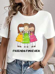Camiseta 100% algodón Friends Forever Three Funny Girls Together Forever, camisetas gráficas para mujer, tops de verano, camiseta de cuello redondo, ropa de mujer 100% algodón, conjuntos de ropa para mujer, ropa de otoño para mujer, tops para mujer, camiseta blanca. - Blanco - Ver 6
