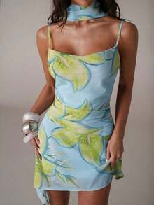 Vestido mini floral de verano para mujer, con cuello en V, decoración de lazo, bajo asimétrico y corte evasé, ideal para vacaciones, fiestas en la playa, salir con amigos, escapadas de fin de semana, vestido de playa, vestido floral, vestido de vacaciones, vestido mini de vacaciones, vestido amarillo - Verde 2 - Ver 7