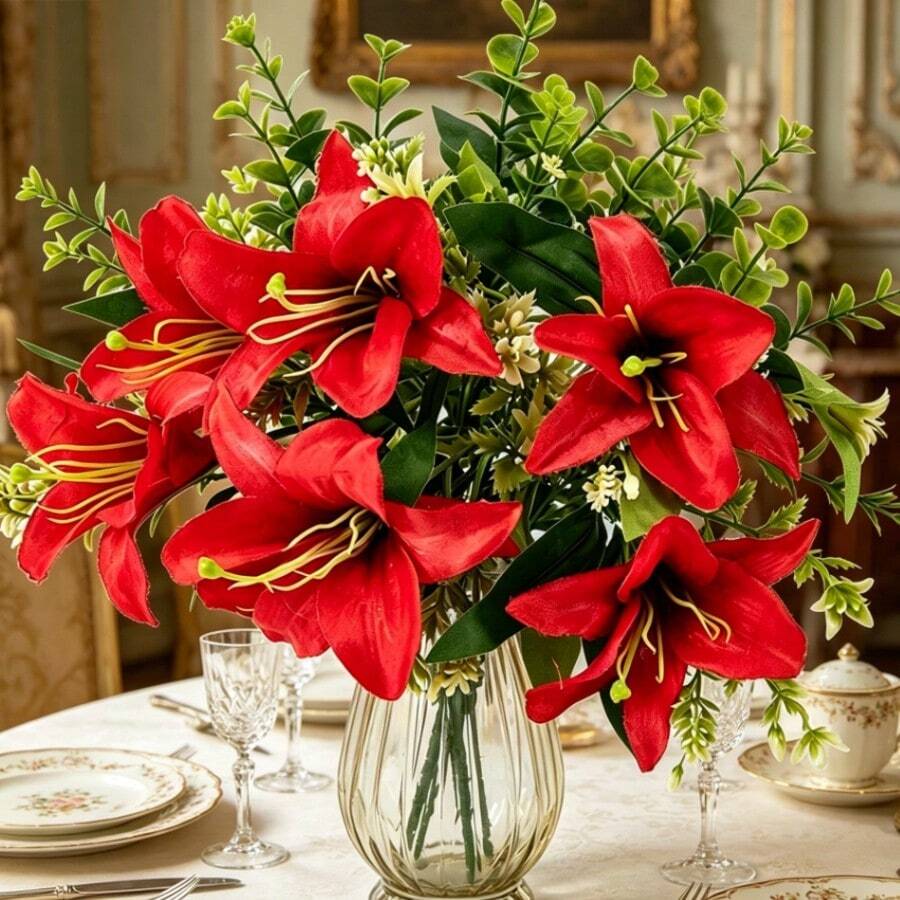 Ramos artificiales de lirios de eucalipto, arreglos florales artificiales realistas, lirios artificiales rojos y blancos con hojas verdes, adecuados para decoraciones de mesa en el hogar, fiestas de boda y decoraciones florales DIY. - Multicolor - Ver 1