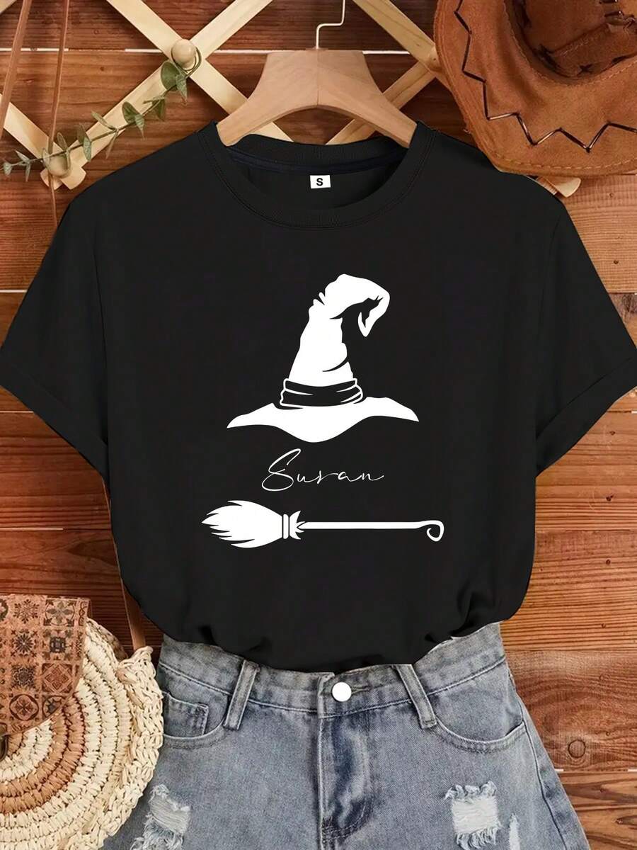 Camiseta de Bruja de Halloween Personalizada, Camisetas Personalizadas, Camisetas con Nombre Personalizado, Camisetas Familiares, Camisetas de Tripulación de Halloween, Camisetas con Tema de Brujas, Regalos de Halloween - Negro - Ver 1