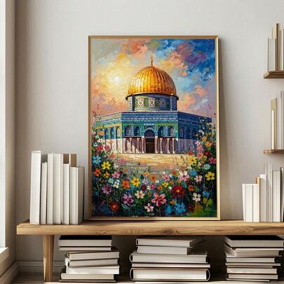 1pc Framed/Unframed Floral Islamic Golden Mosque Canvas Poster Arabic Muslim Jerusalem Dome Of The Rock Wall Art Print Eid Ramadan Decor Religion Scroll Painting For Living Room,Bedroom,Modern Home Decoration
