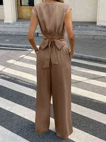Conjunto de 2 piezas de blusa y pantalones con lazo en la espalda de unicolor para mujer, un conjunto de top holgado y pantalón de pierna ancha con lazos en la espalda, unicolor, elegante y casual, adecuado para el uso diario, primavera/verano - Caqui - Ver 4