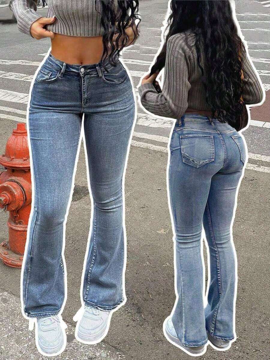 Jeans de campana con efecto lavado y desgastado de gato, estilo casual de vacaciones para mujer, primavera - Azul - Ver 1