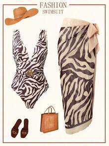 Swim Oasis Set de 2 piezas que incluye 1 traje de baño entero de un solo color y 1 falda larga de malla para playa, verano y vacaciones - Multicolor 2 - Ver 9