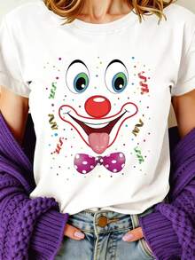 Camiseta de Mujer con Estampado de Cara de Payaso de Carnaval - Manga Corta y Cuello Redondo, Tejido de Elasticidad Media Ideal para Verano, Primavera y Fiestas de Carnaval - Ropa Casual, Lavable a Máquina, No Es Disfraz de Payaso Patrón de cara y mano de payaso - Blanco - Ver 2