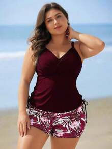 Swim Lushoire Set de 2 piezas de tankini con estampado floral para mujeres de talla grande - Burdeos - Ver 4