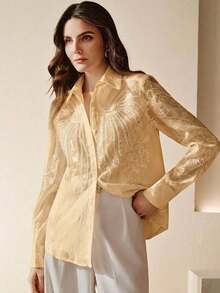 Blusa de manga larga con cuello bordado con cuentas y lentejuelas de lujo francés para mujer, estilizadora y versátil - amarillo ganso - Ver 5