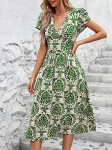 Clasi Vestido de mujer elegante de verano con cuello en V, estampado de flores colocado, bolsillos dobles en la cintura, silueta evasé, adecuado para diversas ocasiones: playa, viajes, uso diario, casa, etc. - Multicolor 3 - Ver 3