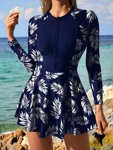 Swim Lushoire Traje de baño de una pieza estilo conservador con cremallera frontal, estampado de hojas tropicales en patchwork, para mujer, ideal para vacaciones, surf y deportes - Azul - Ver 6