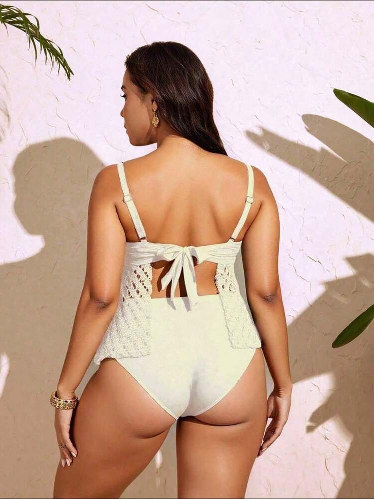 Swim Lushoire Conjunto de tankini de traje de baño de unicolor con diseño calado para mujer de talla grande - Albaricoque - Añade 2