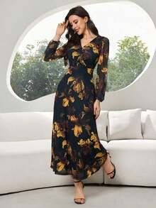 Vestido elegante de manga larga con cuello en V y estampado de bloques de color para mujer - Verde Oscuro 2 - Ver 4