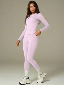 UONNOU Bộ 2 món yoga ôm dáng thoải mái | Áo dài tay + Quần legging cạp cao phù hợp cho các hoạt động hàng ngày - Hồng - Xem 11