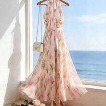 Women's New Digital Print Halter Neck Fitted Waist Dress,Suitable For Campus Style,Summer ,Summer Holiday Outfits,Beach,Wedding,Birthday,Birthday Dress,Going Out, Elegant,Vacation,Casual,Y2k,Graduation Season Attire,Graduation Dress,Elegant Dresses For Party,Beach Outfits, Dresses For Woman Vacation Beautiful Dresses For Woman Fashion Dress Long Dress For Summer Women S Spring Dress Vacation Outfits Woman Dress 66499927 Dress - Albaricoque - Ver 3
