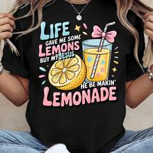 Camiseta informal de manga corta y cuello redondo para mujer con estampado gráfico de limonada para uso diario. - Negro - Ver 2