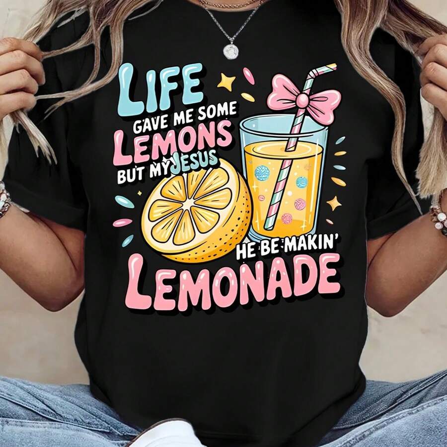 Camiseta informal de manga corta y cuello redondo para mujer con estampado gráfico de limonada para uso diario.