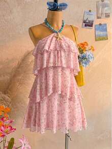 Nuevo vestido elegante y romántico para invitados de boda, de unicolor, con espalda descubierta, multicapa con volantes de gasa, minivestido, adecuado para estilo bohemio, boho, flores románticas, vacaciones, fiestas florales, citas, San Valentín, - Multicolor - Ver 8