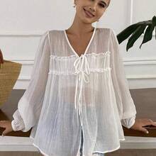 Camisa de mujer casual y versátil de unicolor con lazo - Albaricoque - Ver 2