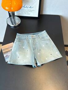 ALO FASHION Shorts vaqueros bohemios, bonitos y sexys para mujer, ideales para fiestas, con detalles de malla metálica y diamantes de imitación. Pierna recta y tejido elástico de alta calidad. - azul real - Ver 1