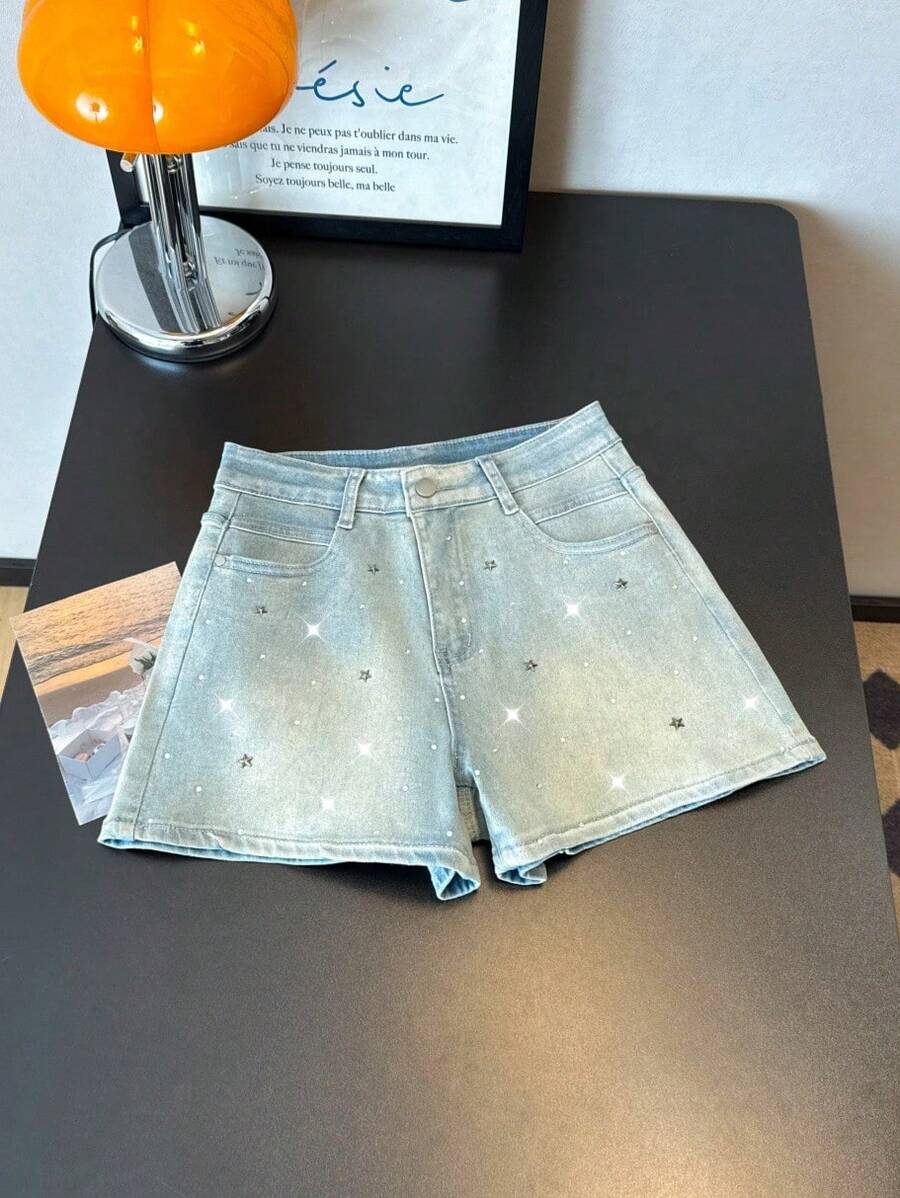ALO FASHION Shorts vaqueros bohemios, bonitos y sexys para mujer, ideales para fiestas, con detalles de malla metálica y diamantes de imitación. Pierna recta y tejido elástico de alta calidad. - azul real - Ver 1
