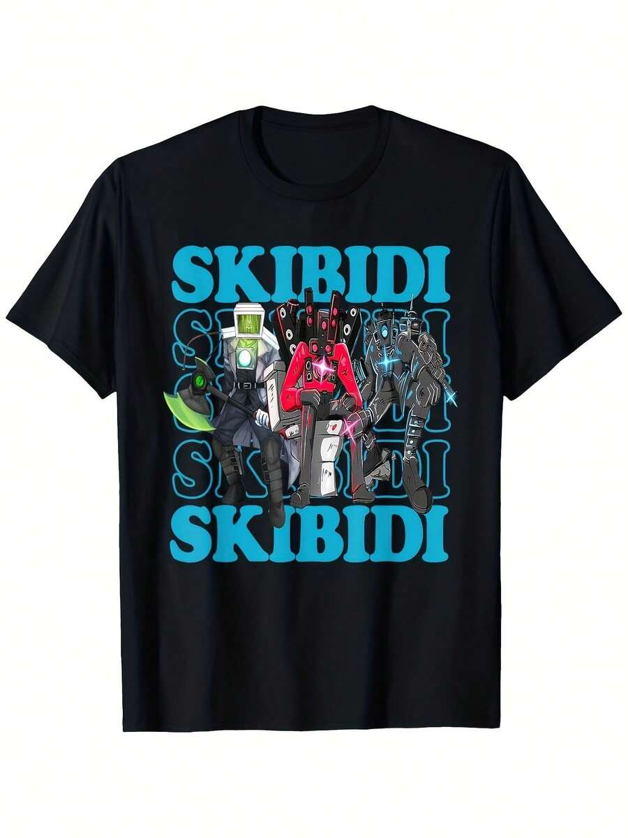 Unisex T-Shirt Made Of Pure Cotton, Men's & Women's SKIBIDIBuntiv, Colorful Robot Characters, Retro Typography, Unisex, 100% Cotton T-Shirt, Soft, All-Season, Casual Streetwear, Essential, All-Match, All-Season Style, Affordable, Everyday Wear & Perfect Christmas Gift For Fans And Friends, Summer T-Shirt, Summer Clothes For Women, Men's Summer Outfit, Women's Shirt, Creative Design, Outdoor Play, Cool Style, Fun Design, Pretty Style, Summer Outfit, Creative Design, Outdoor Play, Cool Style, Fun Design, Pretty Style, Summer Clothes - Black - View 1