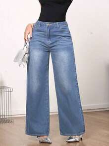 Jeans de pierna ancha de talle medio vintage para mujer - Uso casual elegante sin estiramiento - Lavado ligero - Ver 5