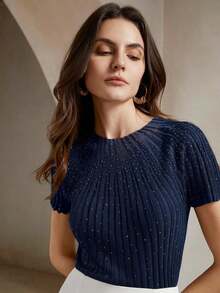 Blusa de punto semitransparente con decoración de strass y mangas cortas elegante para mujer - Azul - Ver 3