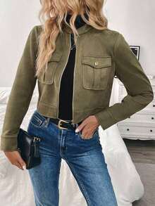 Chaqueta corta de carga de mujer con botones metálicos decorados, cálida y gruesa, adecuada para otoño/invierno - Verde militar - Ver 6