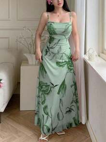 Vestido de verano casual de tirantes con cuello drapeado, cintura fruncida y estampado de malla para mujer - Verde - Ver 1