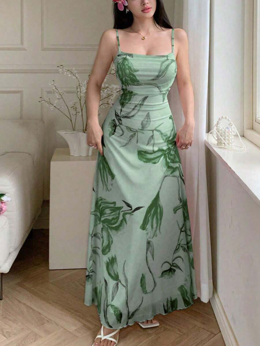 Vestido de verano casual de tirantes con cuello drapeado, cintura fruncida y estampado de malla para mujer - Verde - Ver 1