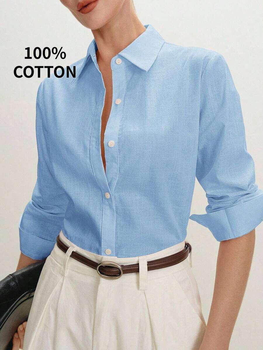 Camisa de manga larga con botones de estilo empresarial de hombro regular en color rosa, adecuada para el tránsito urbano, la oficina y el uso casual, primavera/verano - Azul - Ver 1