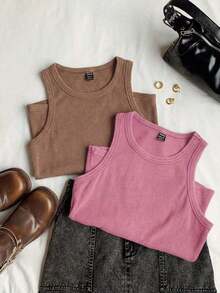 Conjunto de 2 piezas de suéter sin mangas de mujer de algodón con efecto desgastado y teñido ácido en dos tonos vintage - Rosa Fucsia - Ver 5