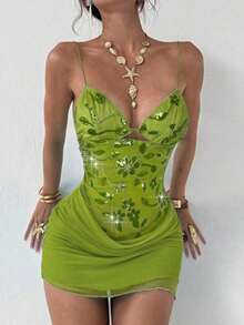 Nuevo vestido camisero romántico y sexy con cuello en pico, contraste de malla brillante y shorts, mini vestido anti-destellos - Verde 2 - Ver 1