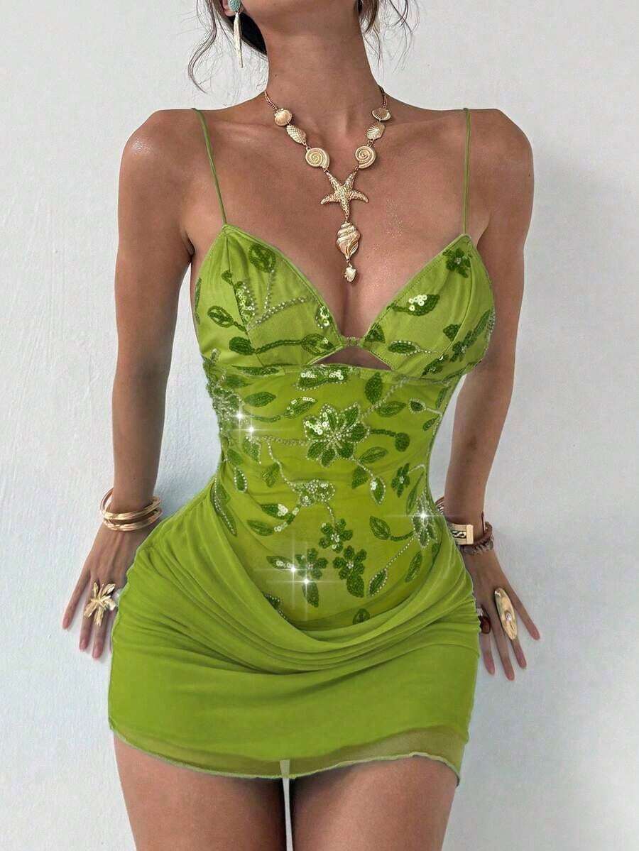 Nuevo vestido camisero romántico y sexy con cuello en pico, contraste de malla brillante y shorts, mini vestido anti-destellos - Verde 2 - Ver 1