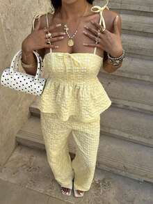 Conjunto de 2 piezas de top de tirantes y pantalones de estilo jacquard elegante para mujer, para verano - Amarillo 2 - Ver 2