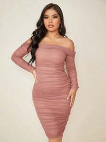 Vestido de mujer con hombros descubiertos de malla transparente - Rosa vieja - Ver 6