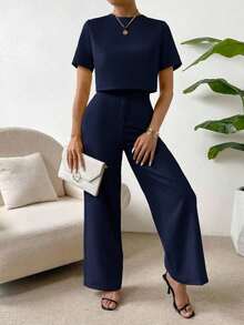 Camisa crop unicolor & Pantalones de pierna ancha - Azul marino - Ver 5