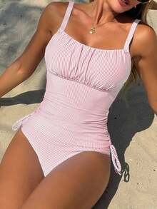 Set de 2 piezas Traje de baño con top de tela especial de rayas sexy y pantalones cortos de cintura alta en triángulo - Rosa - Ver 1