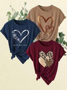 Set de 3 camisetas gráficas para mujer - azul marino, caqui y burdeos con estampados de corazón y eslogan - diseños de moda para el brunch de verano, la piscina y las fotos de vacaciones - perfectamente combinados con vaqueros o faldas, regalo del Día de la Madre Casual - Multicolor - Ver 1