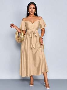 Vestido elegante de resort para mujer con escote y ajuste ceñido, apto para vacaciones, vida diaria y citas - Albaricoque - Ver 5