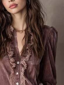 Blusa de terciopelo rosa para mujer, camisa de dama con parches de encaje de unicolor, uso elegante para todos los días en primavera - Rosa vieja - Ver 3