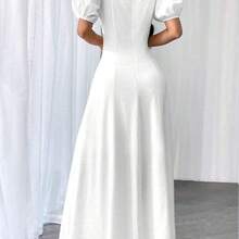 1pc Women Elegant Solid Color Square Neck Puff Sleeve Waisted Flare Hem Dress - Blanco - Ver 3