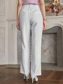 Pantalones casuales de mujer con bolsillo delantero liso, estilo casual de negocios, pantalones de vestir de mujer de talle bajo - Blanco - Ver 3