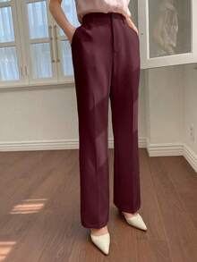 Pantalones casuales de mujer con bolsillo delantero liso, estilo casual de negocios, pantalones de vestir de mujer de talle bajo - Verde militar - Ver 6